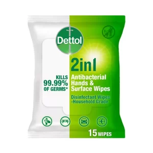 Dettol 2 in 1 Antibacterial Hand & Surface Disinfectant Wipes 15 pcs