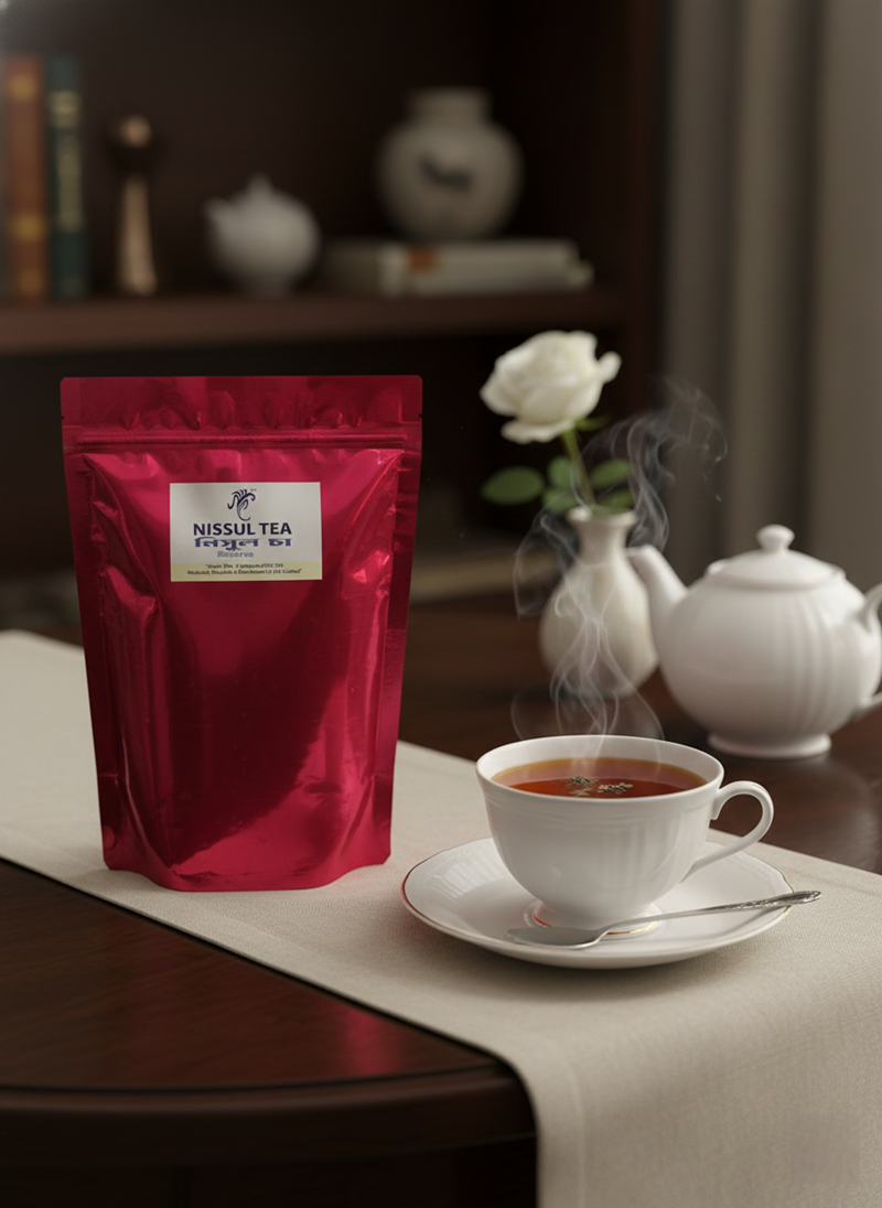 NISSUL Tea Reserve 500g metallic pink luxury black tea with steaming cup in elegant premium setting