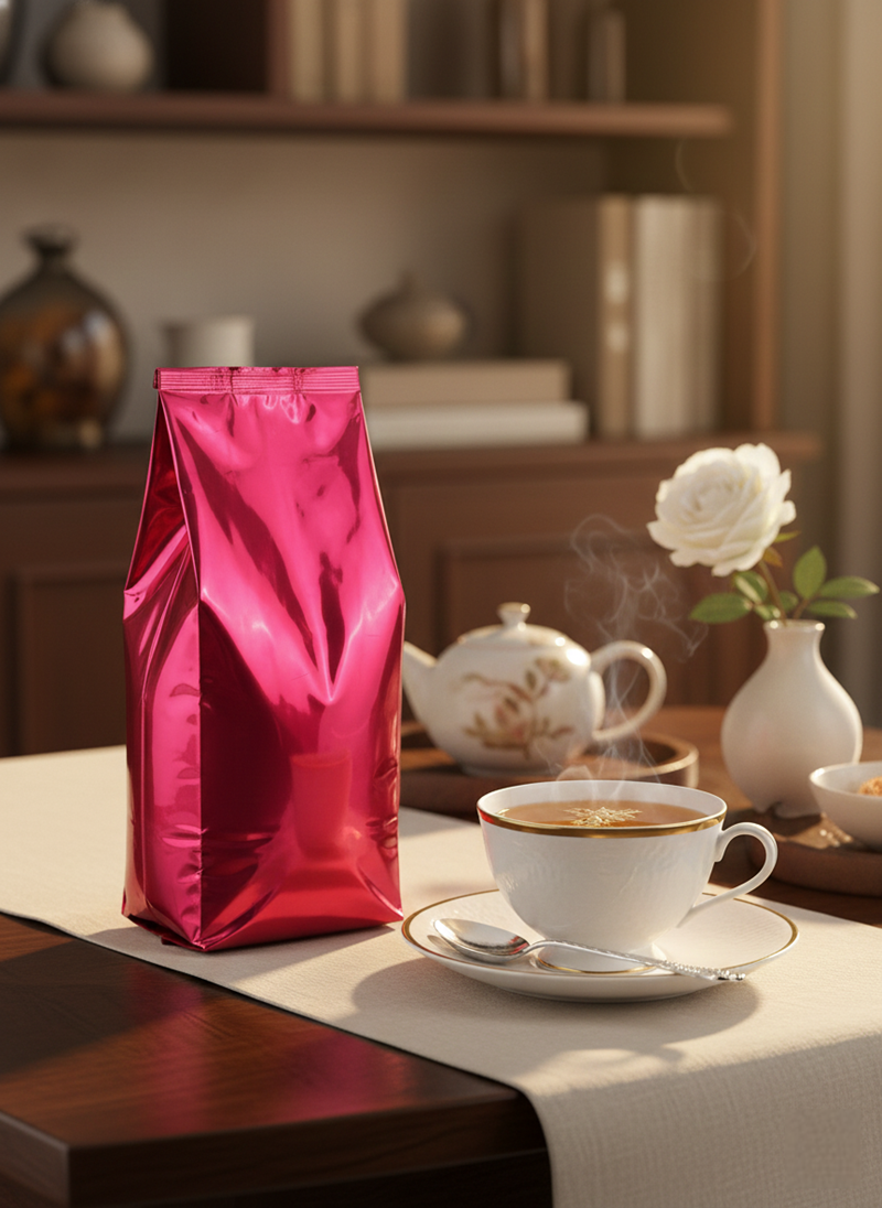 NISSUL Tea Reserve 500g metallic pink luxury black tea with steaming cup in elegant premium setting