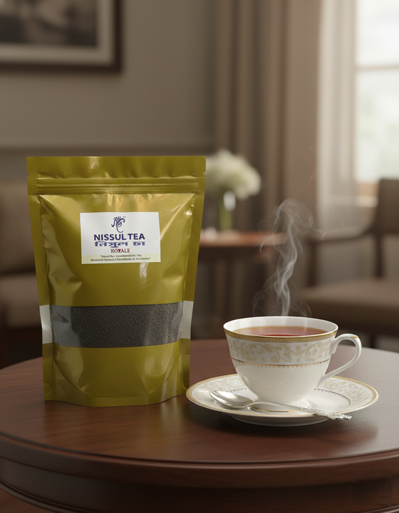 NISSUL Tea Royale 500g golden pack with steaming cup of premium black tea in elegant living room setting