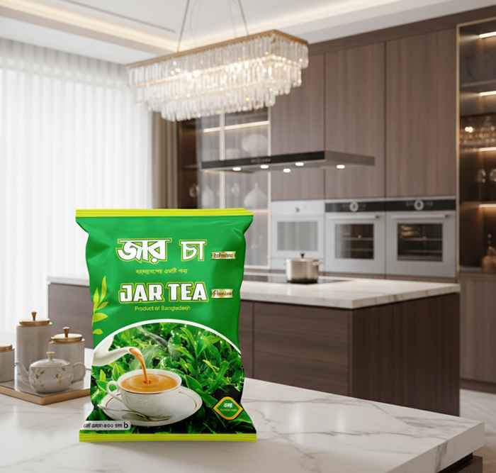 JAR TEA Premium 500g green tea pack on modern marble kitchen counter